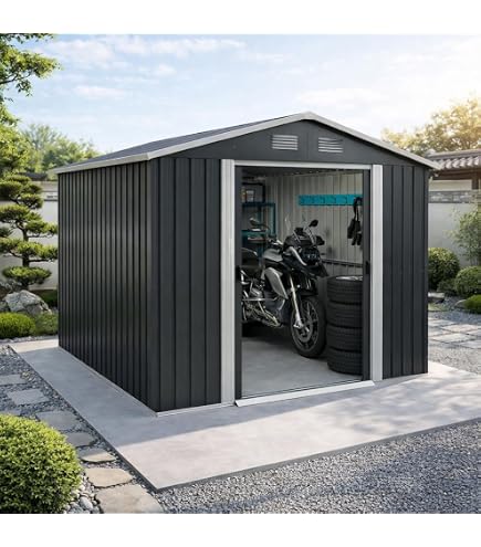 Amazon | 物置 屋外 戸外収納庫 自転車 大容量 スチール 両開きドア